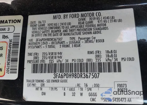 2013 Ford Fusion Se из США, поврежденный, VIN 3FA6P0H98DR367507